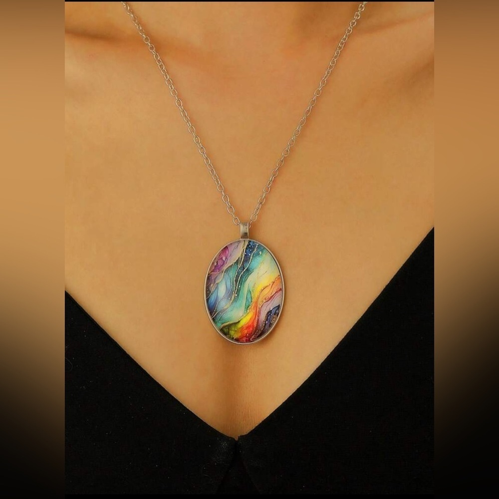 Colorful Rainbow Oval Silver Tone Pendant Necklace